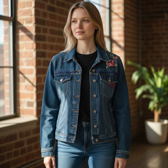 Vintage Y2K 2000s Together Blue Embroidered Beaded Denim Jean Jacket Medium - Picture 1 of 10